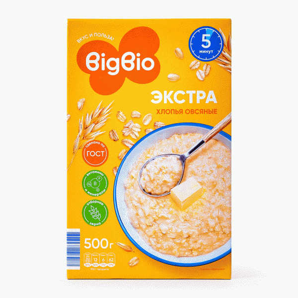 Хлопья BIGBIO Экстра №3 овсяные 500г - в магазине «Чижик»
