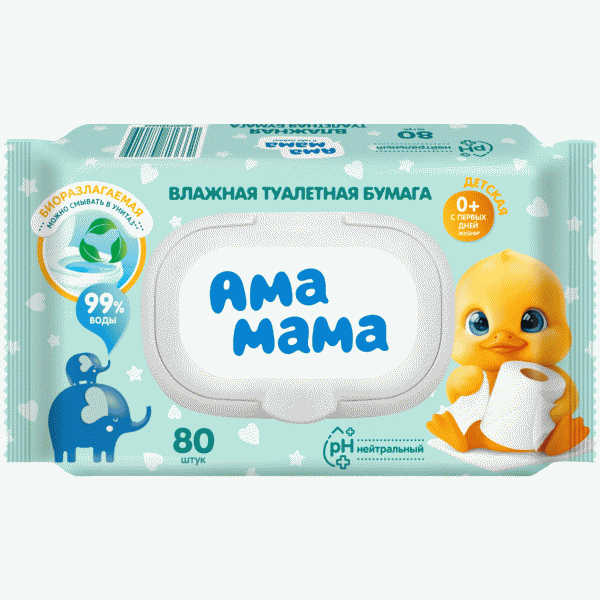 Бумага АМА МАМА туалетная влажная детская 80шт - в магазине «Чижик»