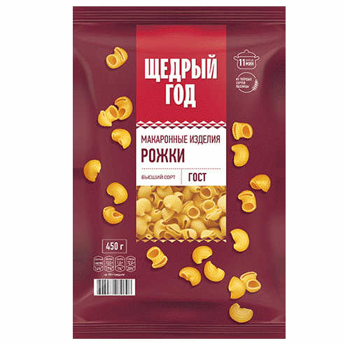 Макаронные изд. ЩЕДРЫЙ ГОД Рожки в.сорта 450г - в магазине «Чижик»
