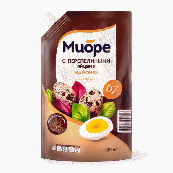 Майонез МИОРЕ с перепелиными яйцами 67% 400мл - в магазине «Чижик»
