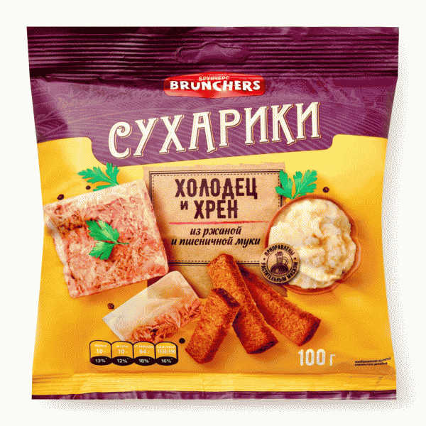 Сухарики BRUNCHERS Холодец и хрен ржаные 100г - в магазине «Чижик»