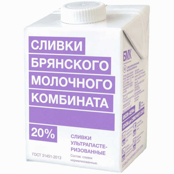 Сливки питьевые Бмк ультрапаст. 20%, 500мл - в магазине «Чижик»