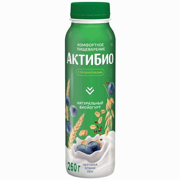 Биойогурт Актибио Черника Злаки Лен 260мл - в магазине «Чижик»